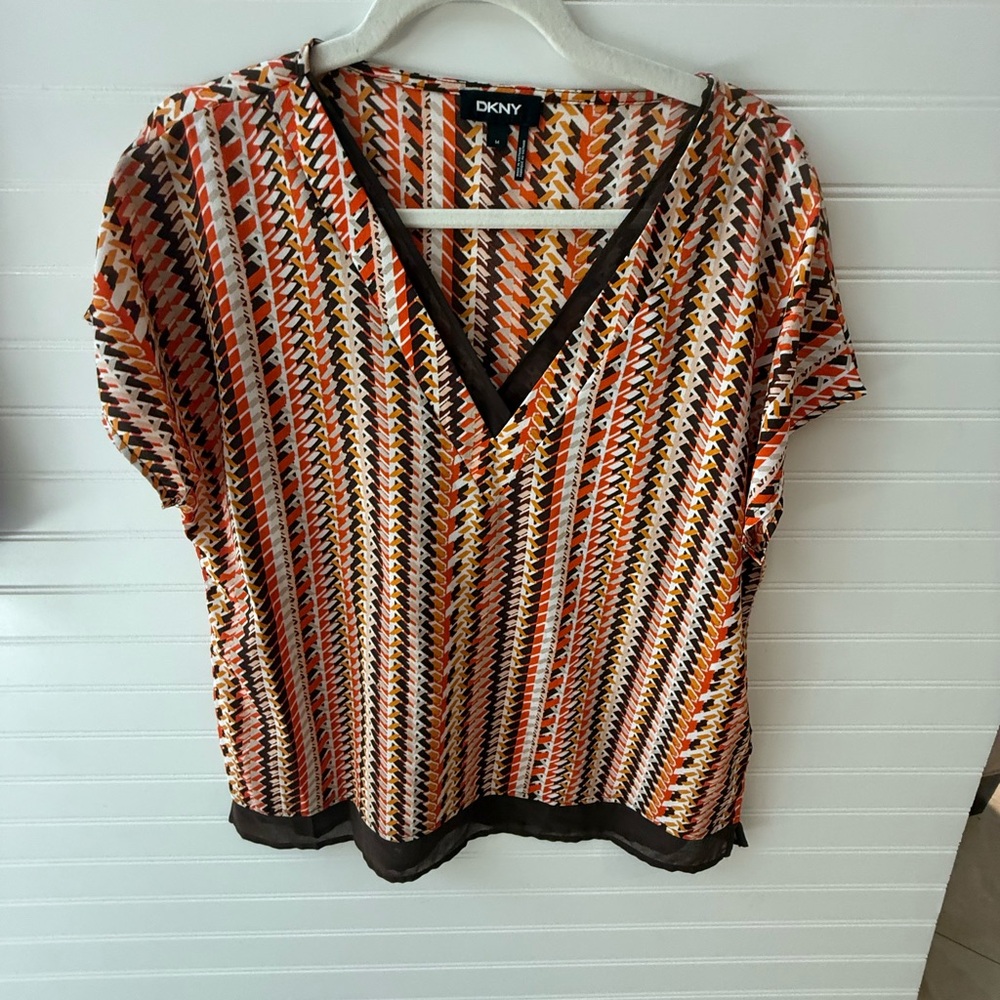 DKNY Brown and Orange Graphic Dolman Sleeve Blouse